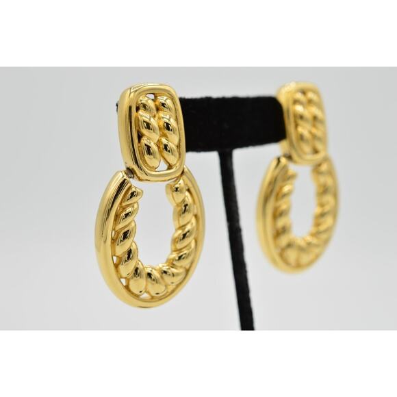 Givenchy Vintage Clip On Earrings Gold Dangle Chunky Door Knockers Signed 80s 9C - Picture 4 of 8